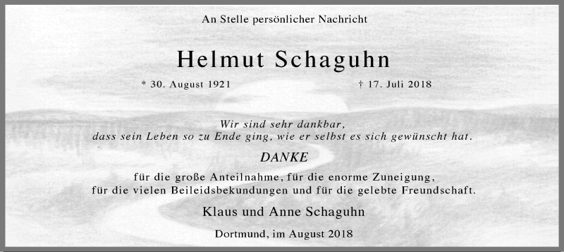  Traueranzeige für Helmut Schaguhn vom 18.08.2018 aus Ruhr Nachrichten