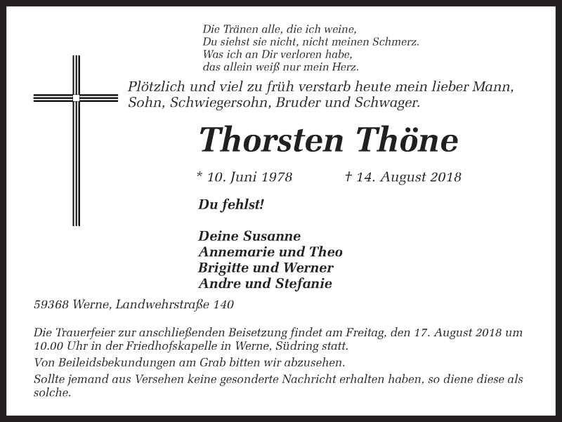  Traueranzeige für Thorsten Thöne vom 15.08.2018 aus Ruhr Nachrichten