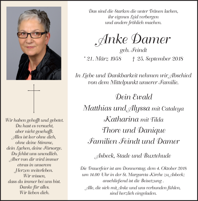  Traueranzeige für Anke Damer vom 29.09.2018 aus Münstersche Zeitung und Münsterland Zeitung