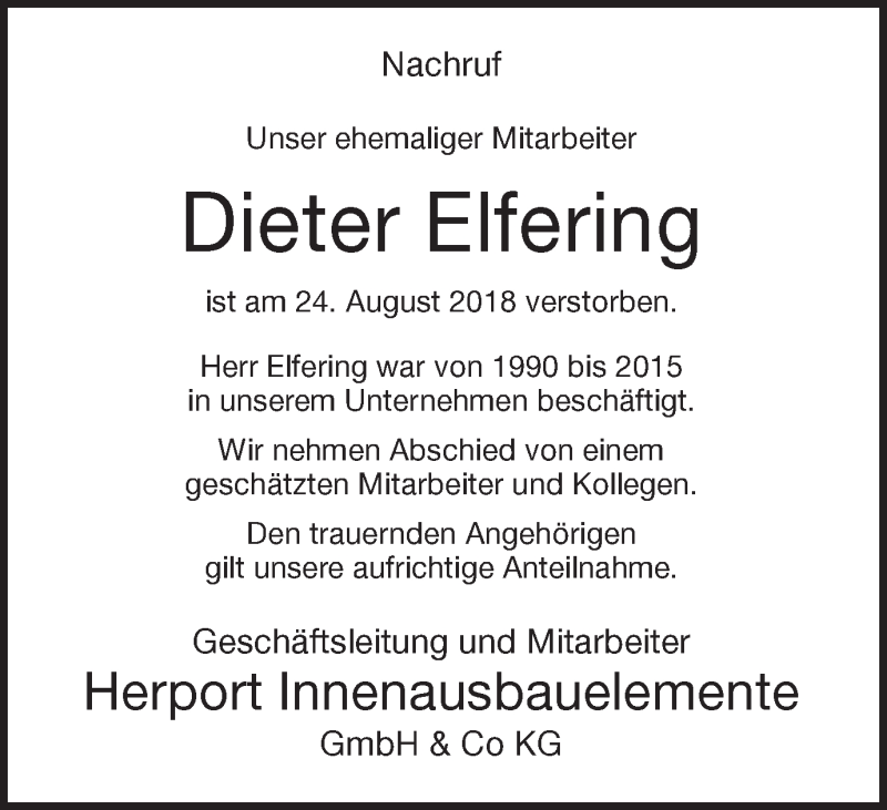  Traueranzeige für Dieter Elfering vom 01.09.2018 aus Münstersche Zeitung und Münsterland Zeitung