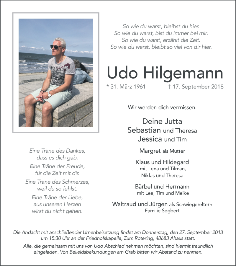  Traueranzeige für Udo Hilgemann vom 22.09.2018 aus Münstersche Zeitung und Münsterland Zeitung