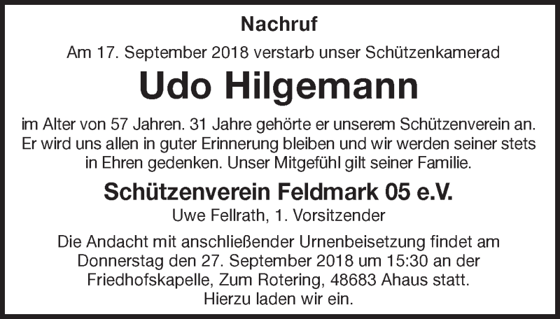  Traueranzeige für Udo Hilgemann vom 25.09.2018 aus Münstersche Zeitung und Münsterland Zeitung