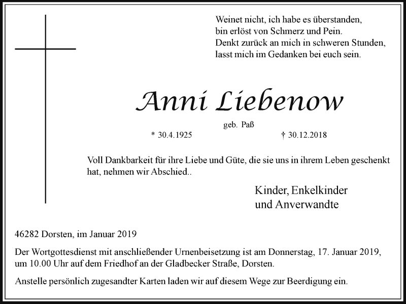  Traueranzeige für Anni Liebenow vom 10.01.2019 aus Ruhr Nachrichten und Dorstener Zeitung