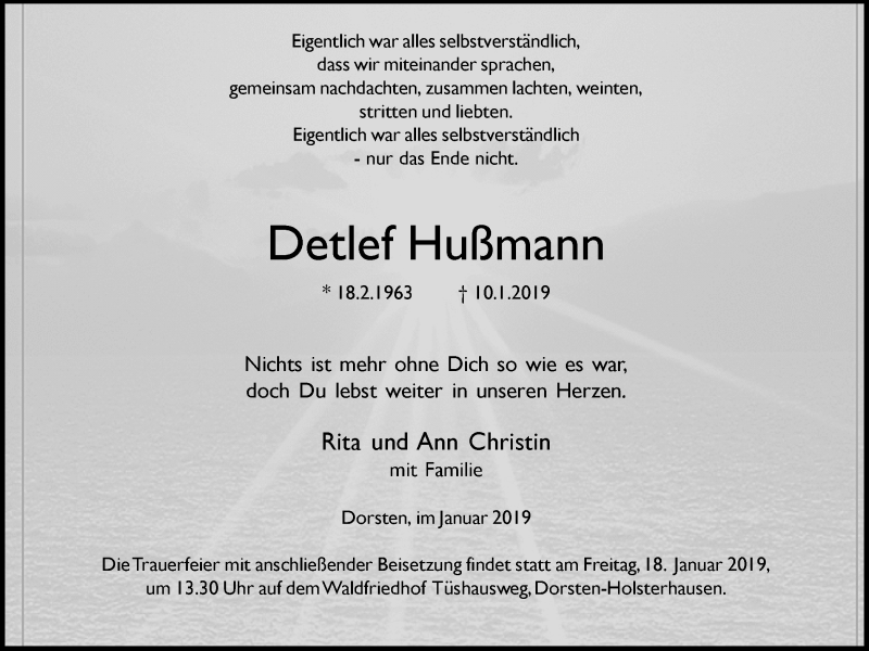  Traueranzeige für Detlef Hußmann vom 15.01.2019 aus Ruhr Nachrichten und Dorstener Zeitung