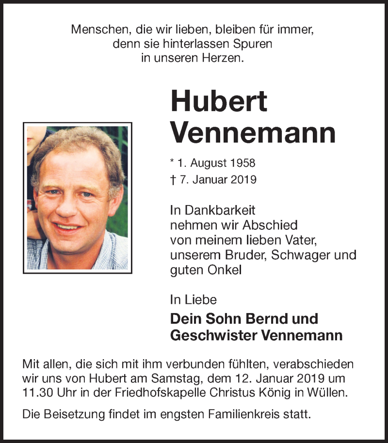  Traueranzeige für Hubert Vennemann vom 08.01.2019 aus Münstersche Zeitung und Münsterland Zeitung