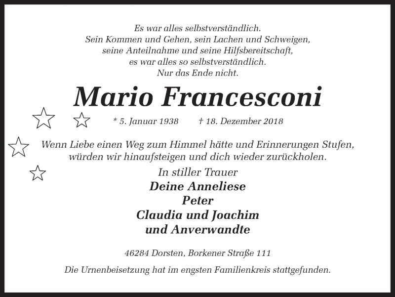  Traueranzeige für Mario Francesconi vom 04.01.2019 aus Ruhr Nachrichten und Dorstener Zeitung
