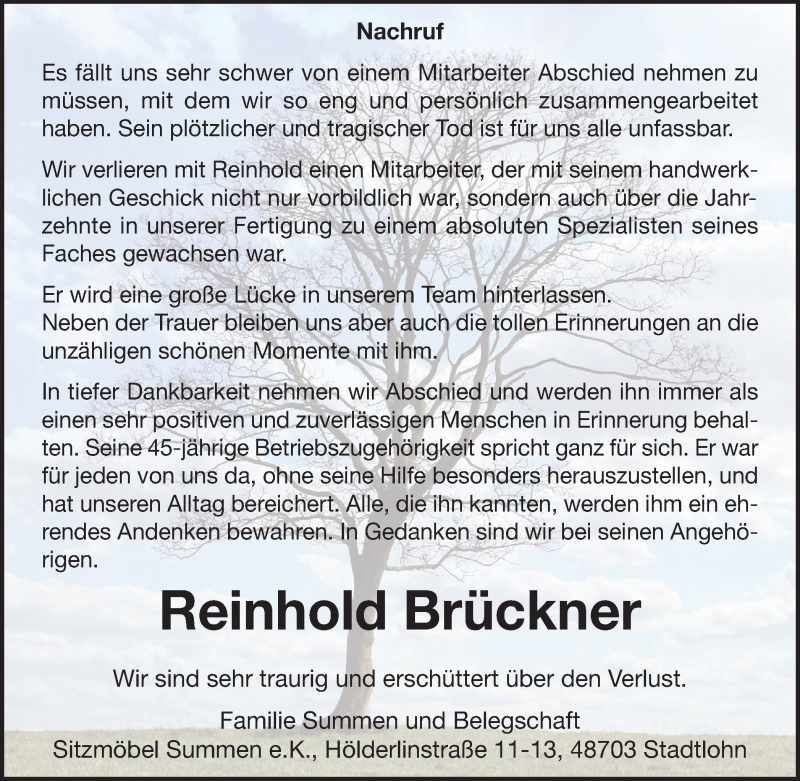  Traueranzeige für Reinhold Brückner vom 10.01.2019 aus Münstersche Zeitung und Münsterland Zeitung