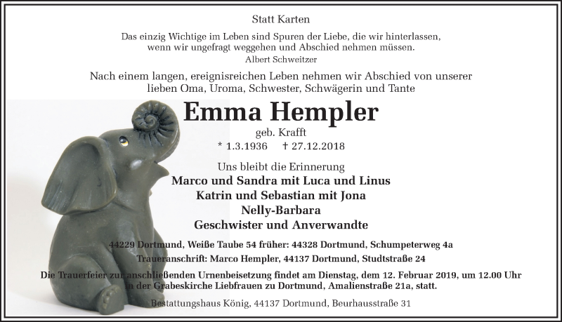  Traueranzeige für Emma Hempler vom 09.02.2019 aus Ruhr Nachrichten