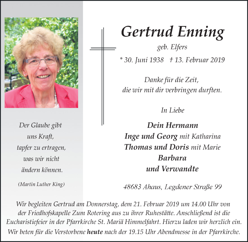  Traueranzeige für Gertrud Enning vom 18.02.2019 aus Münstersche Zeitung und Münsterland Zeitung