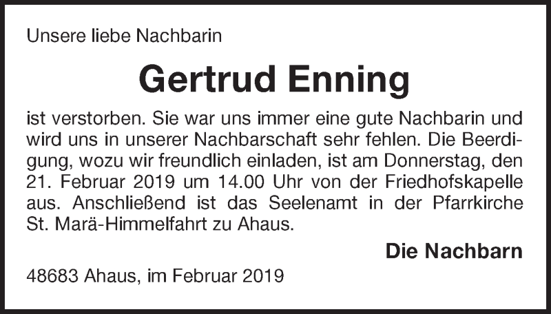  Traueranzeige für Gertrud Enning vom 19.02.2019 aus Münstersche Zeitung und Münsterland Zeitung