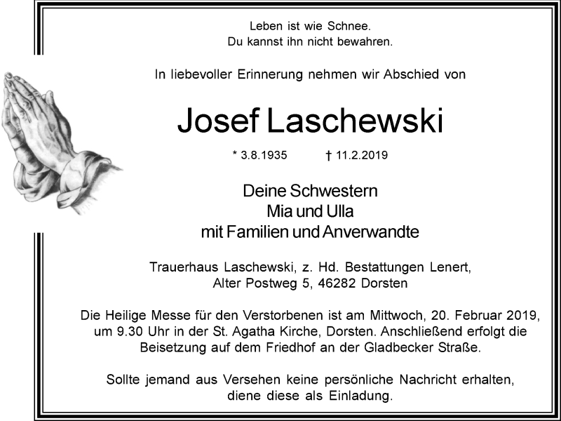  Traueranzeige für Josef Laschewski vom 14.02.2019 aus Ruhr Nachrichten und Dorstener Zeitung