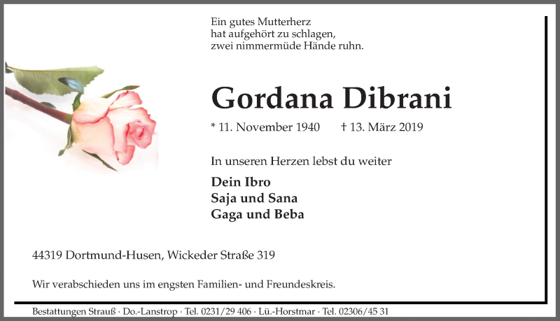  Traueranzeige für Gordana Dibrani vom 19.03.2019 aus Ruhr Nachrichten
