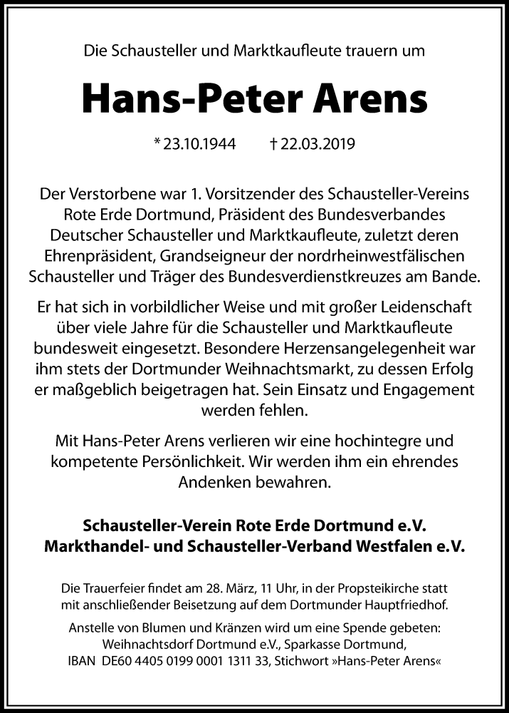  Traueranzeige für Hans-Peter Arens vom 26.03.2019 aus Ruhr Nachrichten