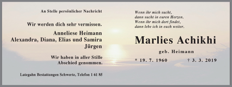  Traueranzeige für Marlies Achikhi vom 23.03.2019 aus Ruhr Nachrichten