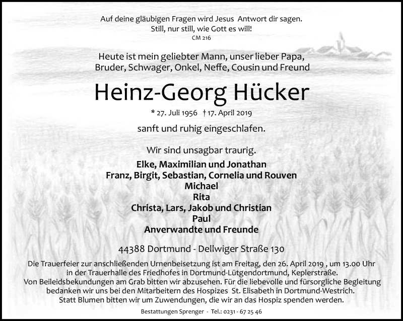  Traueranzeige für Heinz-Georg Hücker vom 20.04.2019 aus Ruhr Nachrichten