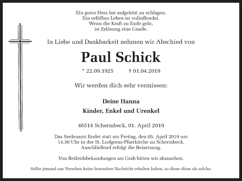  Traueranzeige für Paul Schick vom 03.04.2019 aus Ruhr Nachrichten und Dorstener Zeitung