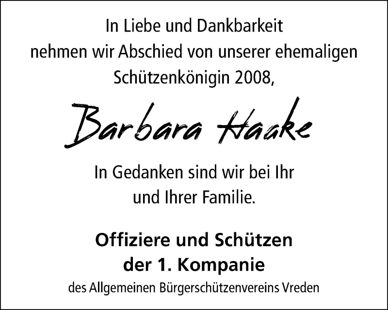  Traueranzeige für Barbara Haake vom 13.06.2019 aus Münstersche Zeitung und Münsterland Zeitung