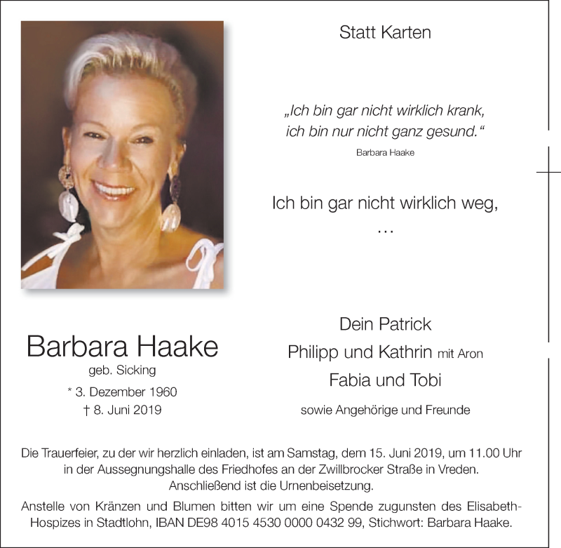  Traueranzeige für Barbara Haake vom 12.06.2019 aus Münstersche Zeitung und Münsterland Zeitung