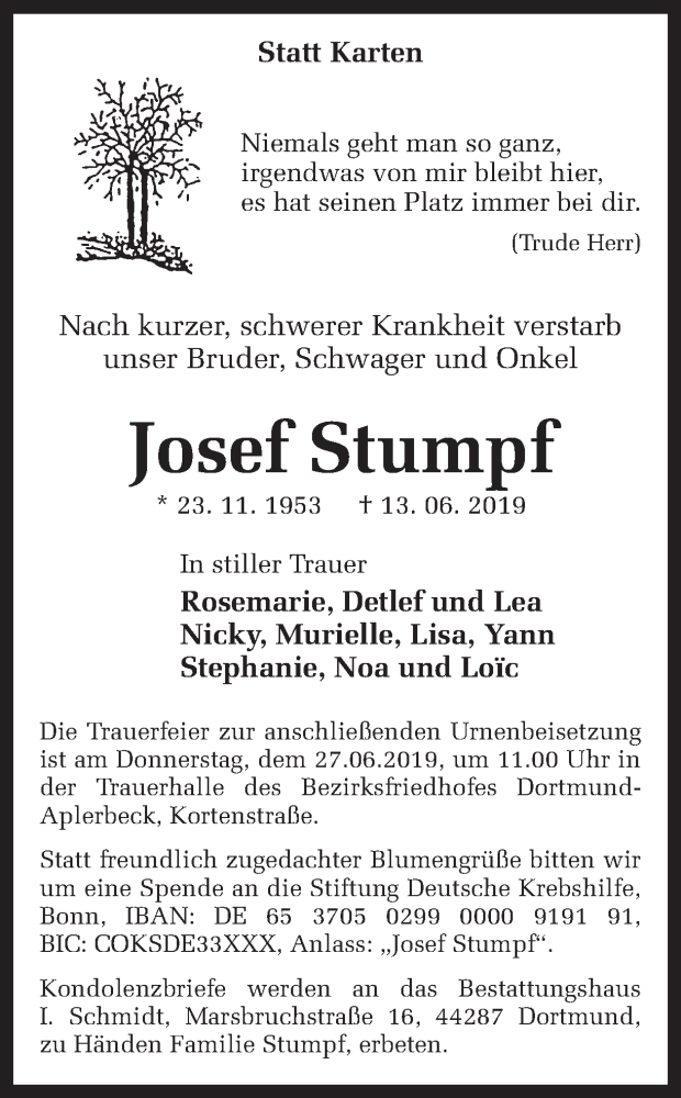  Traueranzeige für Josef Stumpf vom 15.06.2019 aus Ruhr Nachrichten