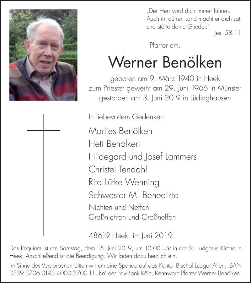  Traueranzeige für Werner Benölken vom 11.06.2019 aus Münstersche Zeitung und Münsterland Zeitung